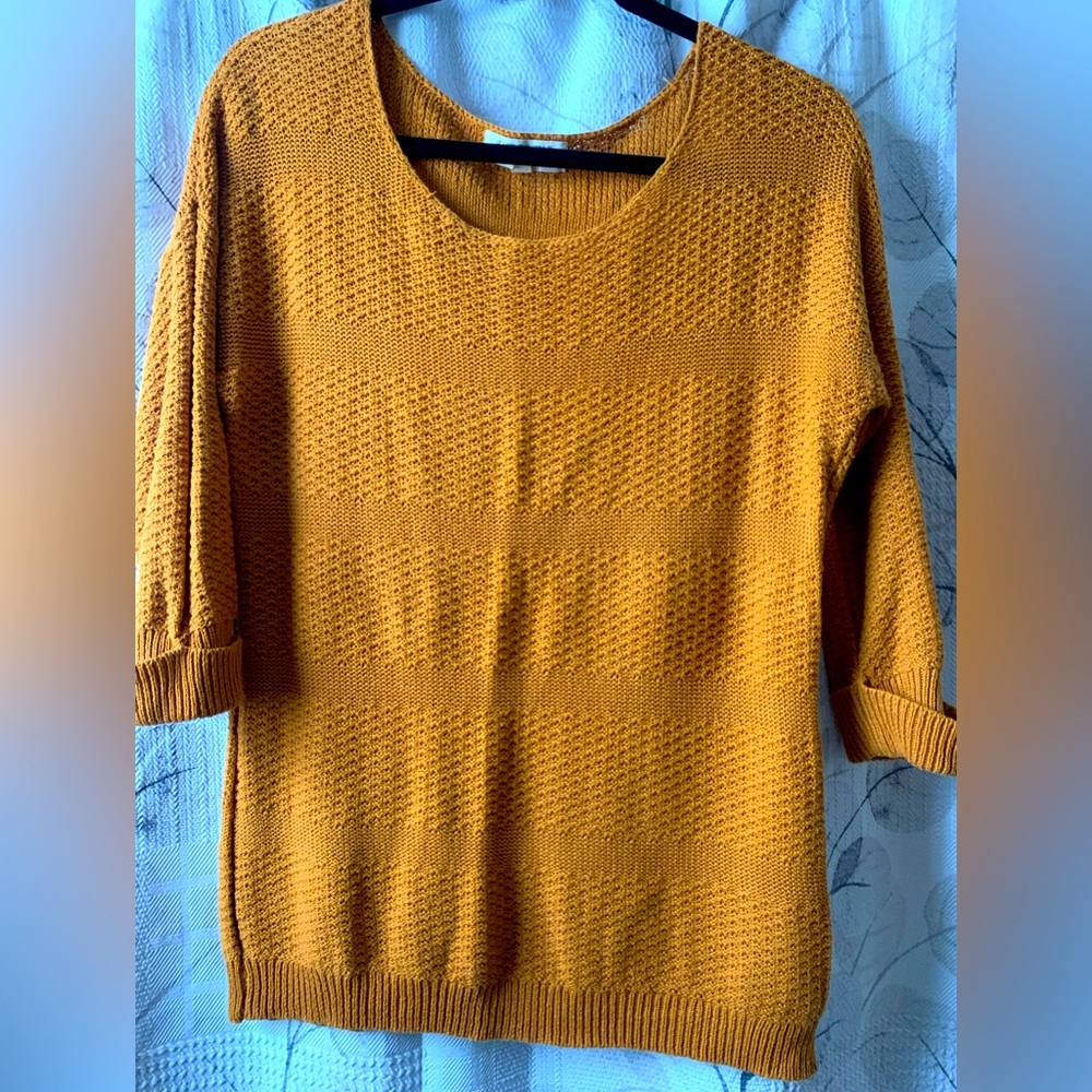 Pink Rose Sweater -Women's - Yellow Knit  3/4 Sleeve- Size XL